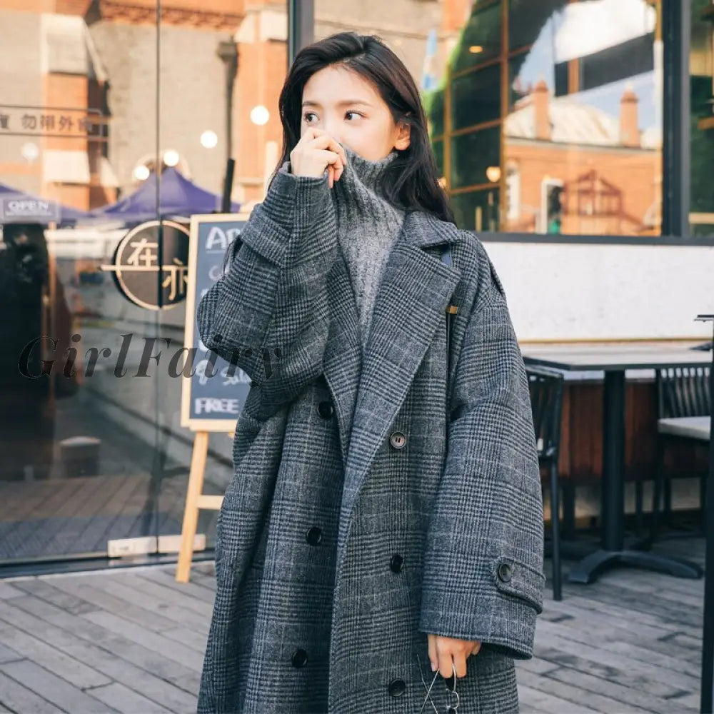 Girlfairy Plaid Woolen Coat Womens Mid-Length Korean Style Loose Winter New Over-The-Knee Dark Gray