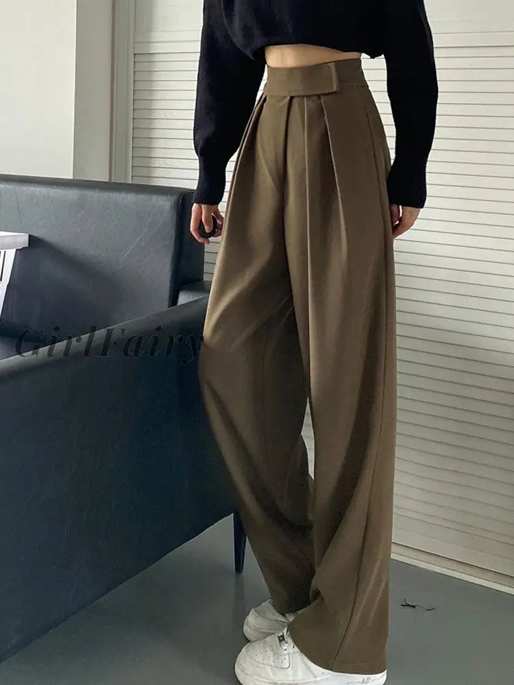 Girlfairy Pleated High Waist Women Solid Color Pants 2023 Autumn Winter New Vintage Trousers Loose