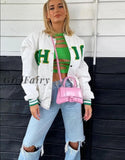 Girlfairy Preppy Style Stitching Jacket Women Autumn Hipster Letter Print Loose Varsity Top Concise