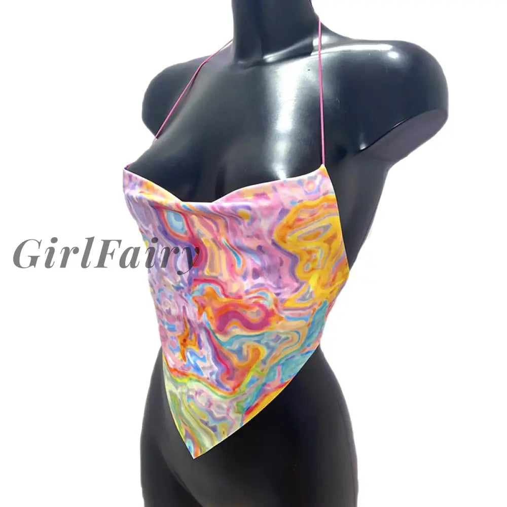 Girlfairy Print Corset Top Summer Clothes For Women Backless Halter Tank Sexy Crop Tops Y2K 90S