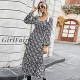 Girlfairy Print Dress Women Sexy Party Square Neck Loose Soft Chic Skinny Dresses Long Sleeve Sweet
