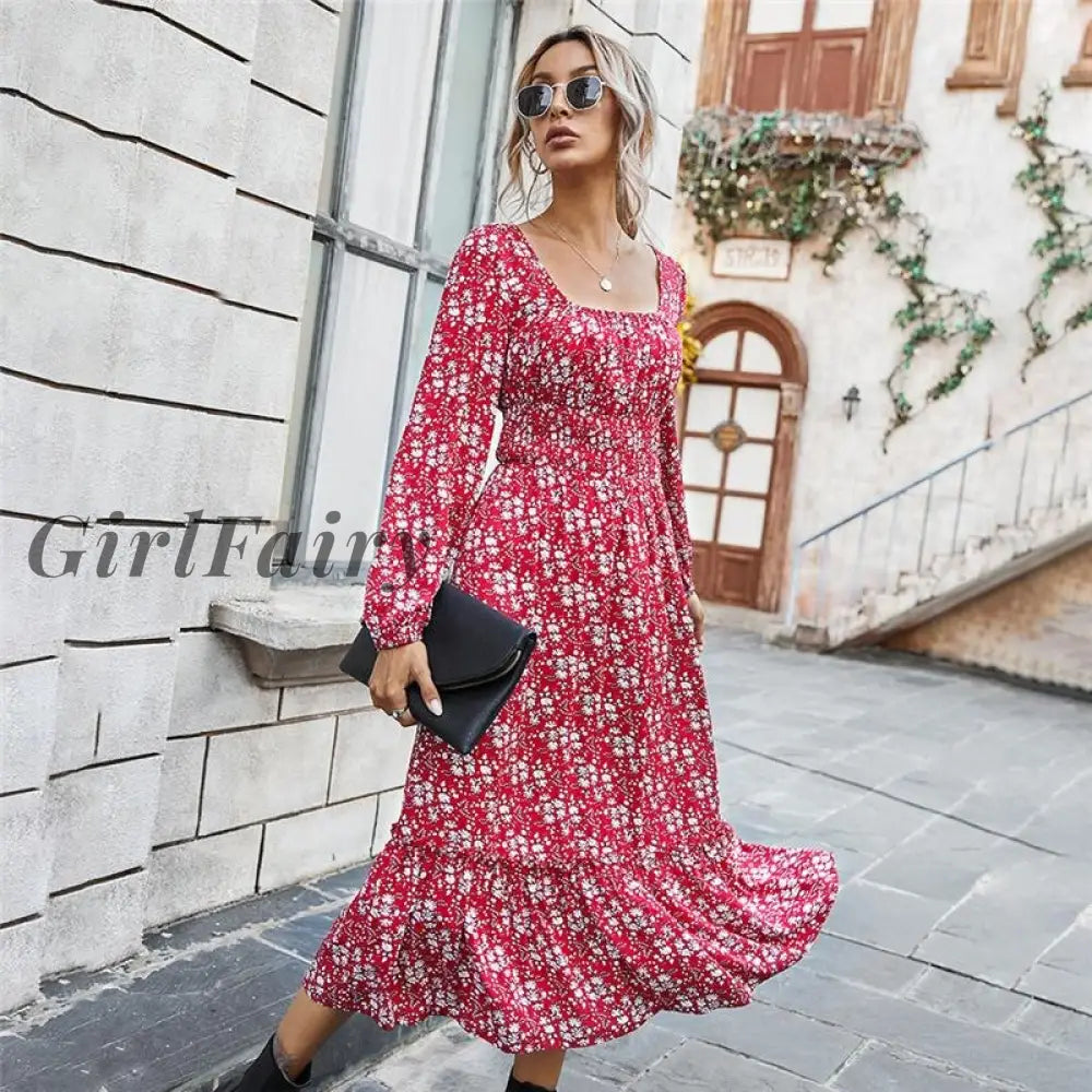 Girlfairy Print Dress Women Sexy Party Square Neck Loose Soft Chic Skinny Dresses Long Sleeve Sweet