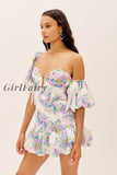 Girlfairy Puff Sleeve V-Wire Front Sexy Dress For Women Lace Bowtie Cute Ladies Floral Print Summer