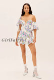 Girlfairy Puff Sleeve V-Wire Front Sexy Dress For Women Lace Bowtie Cute Ladies Floral Print Summer