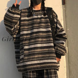 Girlfairy Pullovers Women Men Autumn Retro Striped Oversize Sweater Hip Pop Ulzzang Bf Unisex Knit