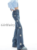 Girlfairy Retro Stars Print Women Solid Color Denim Flare Pants 2023 Summer New High Waist Female