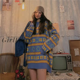 Girlfairy Retro Striped Women Sweater Pullover Tops Autumn Winter Thick Loose Long-Sleeved Round