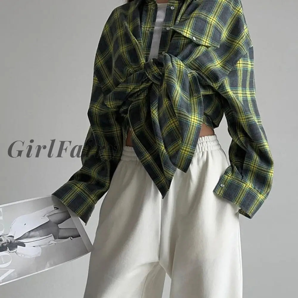 Girlfairy Retro Style All-Match Lapel Loose Shirt 2023 Autumn Plaid Long-Sleeved Pocket Womens Y2K