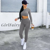 Girlfairy Rib Knit Long Sleeve Two Piece Set Top And Pants Sexy Sweatsuits For Women Winter Sports
