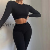 Girlfairy Rib Knit Long Sleeve Two Piece Set Top And Pants Sexy Sweatsuits For Women Winter Sports