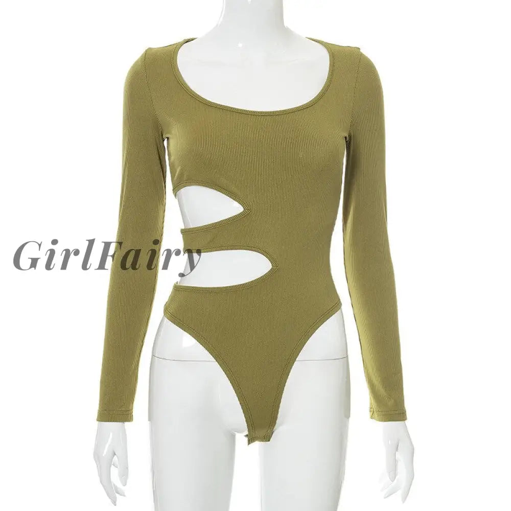 Girlfairy Ribbed Long Sleeve Sexy Bodysuit For Women Slim Casual Solid Hollow Out Bodysuits Autumn