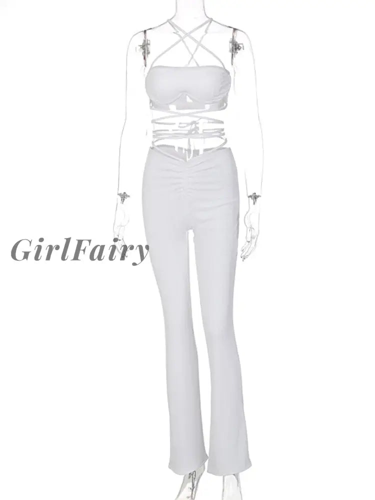 Girlfairy Ribbed Women Casual 2 Pieces Lace Up Strap Crop Top Ruched Bell Pants Set Sexy Streetwear