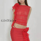 Girlfairy Ruffles Floral Mesh Sheer Tank Tops Sexy Club Party Perspective Sleeveless Vest Chic Women