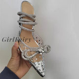 Girlfairy Runway Style Glitter Rhinestones Women Pumps Bowknot Satin Summer Lady Shoes Genuine