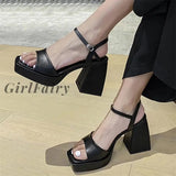 Girlfairy Sandals Platform Shoes On Heels Womens Gothic High-Heeled Women Pumps Thick With Square