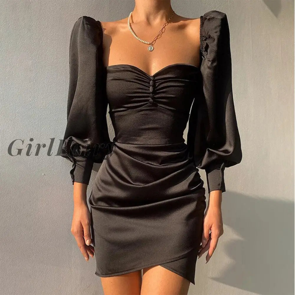 Girlfairy Satin Backless Draped Pencil Dress Black Autumn Puff Sleeve Sexy Women Square Neck Mini