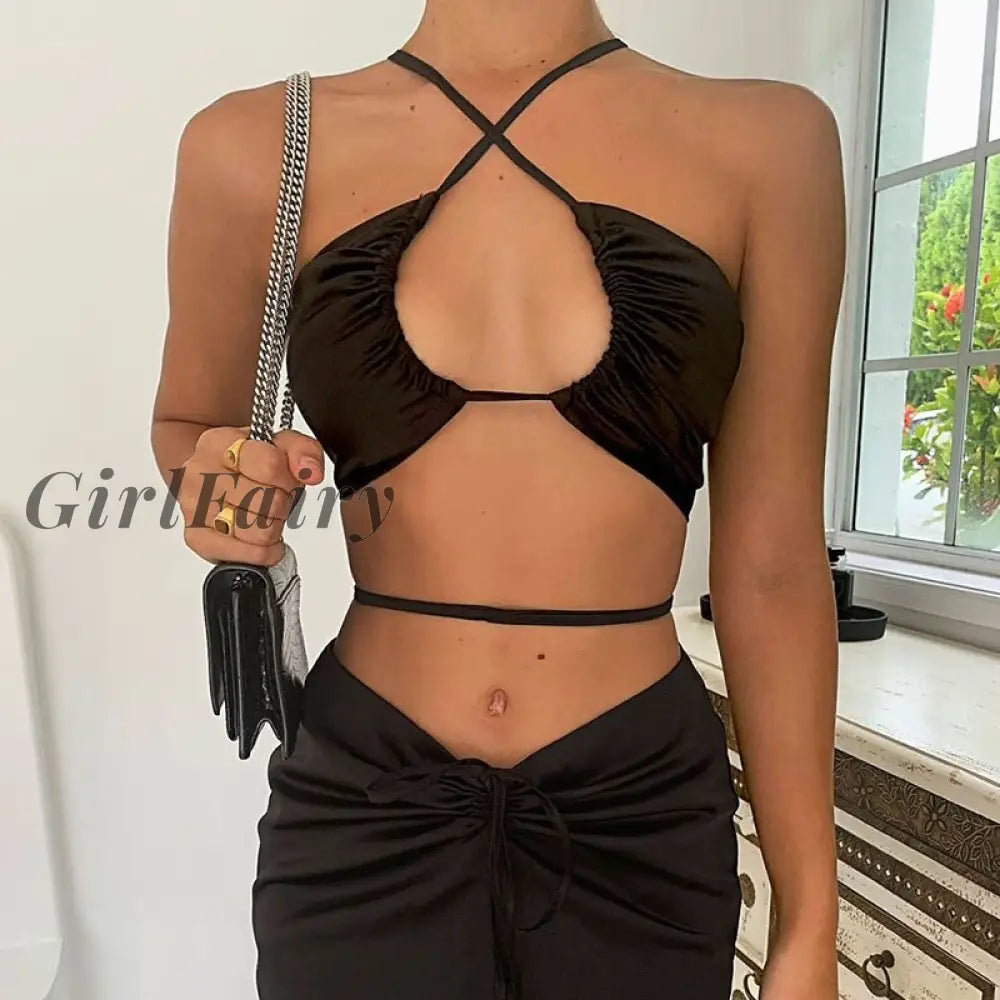 Girlfairy Satin Chic Sexy Bandage Club Tube Top Female Halter Chest Hollow Pure Tank Ves Camisole