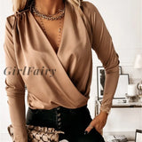 Girlfairy Satin Cross V-Neck Womens Blouse Silk Elegant Spring Summer Office Lady Female Blouses