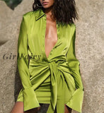 Girlfairy Satin Deep V-Neck Bandage Women Dress Green Long Sleeve Single Breasted Autumn Skinny