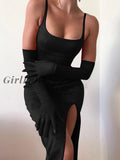 Girlfairy Satin Knee Length Dresses For Women Sexy Elegant Sleeveless Corset Bodycon Clubwear Party Split Fashion Dresses