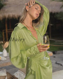 Girlfairy Satin Lantern Sleeve Ruched Women Dress Green Long Single Breasted Dresses Autumn Casual