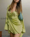 Girlfairy Satin Lantern Sleeve Ruched Women Dress Green Long Single Breasted Dresses Autumn Casual