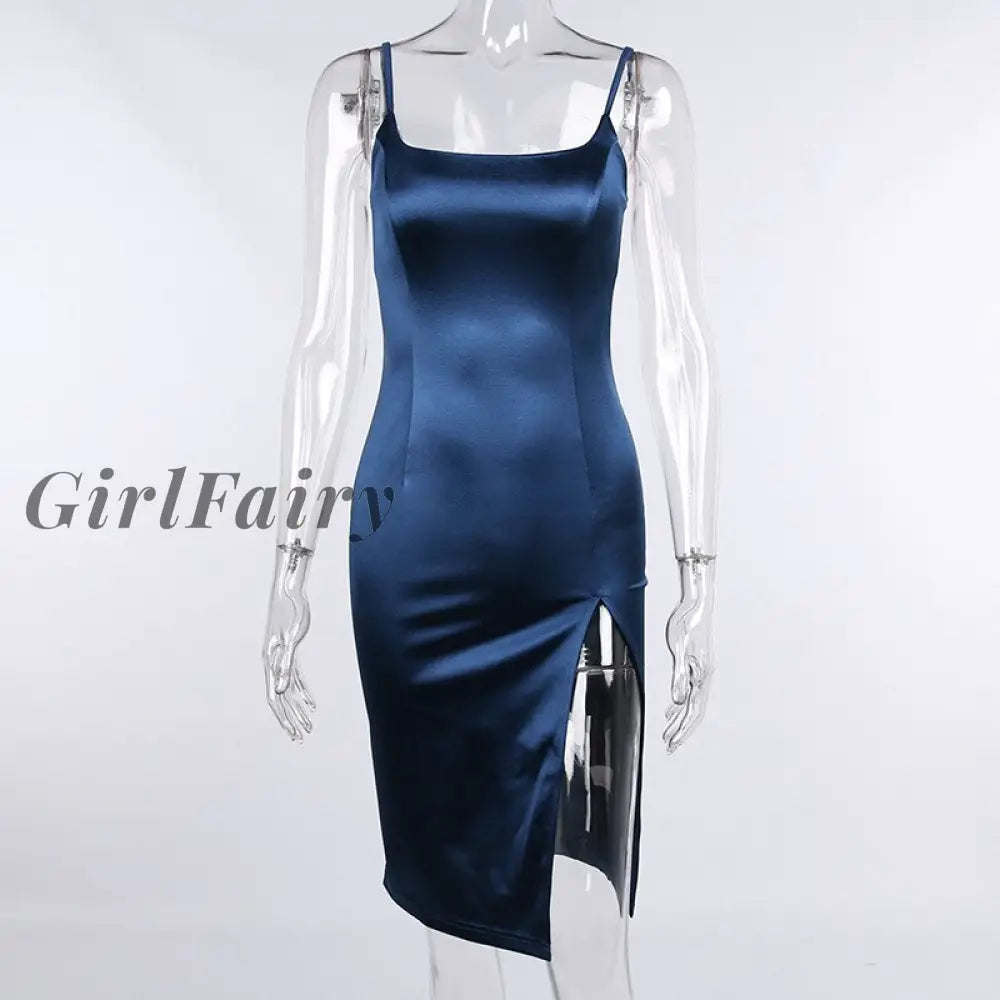 Girlfairy Satin Midi Dress For Women Sexy Strapdress Sleeveless Zipper Elegant Side Split Evening