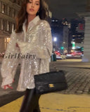 Girlfairy Sequins Blouse Shirts Women Long Sleeve Spring Fashion Street Y2K Casual Loose Button Up