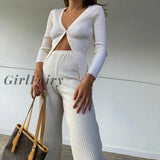 Girlfairy Sexy Autumn Winter Women Knitted Wide Legs High Waisted Cotton Sweat Pants White Casual