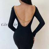 Girlfairy Sexy Backless Black Long Sleeve Dress For Women Halter Evening Party Club Metal Chain