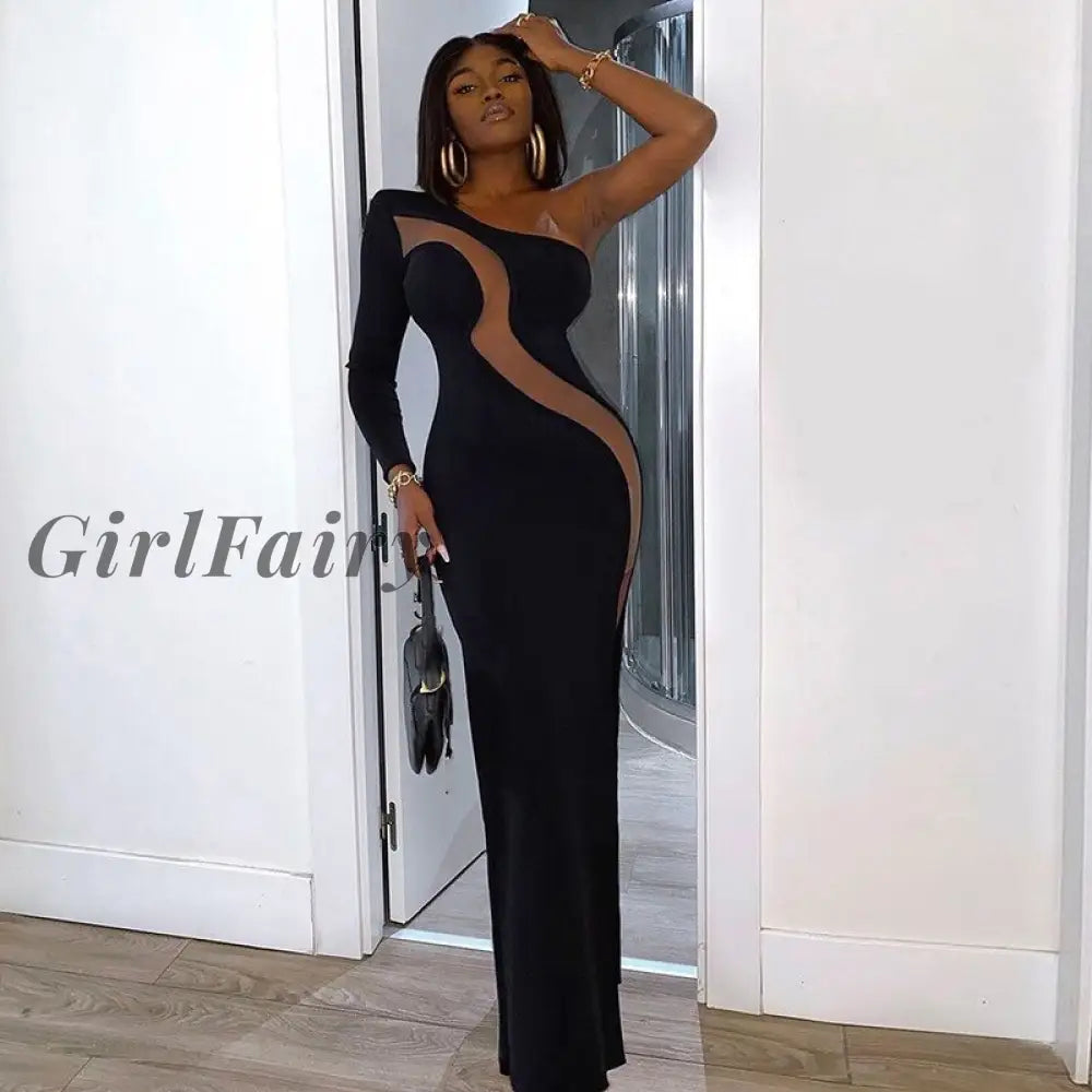 Girlfairy Sexy Black Mesh Patchwork Slit Maxi Dresses For Women Party One Shoulder Bodycon Womens
