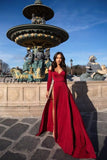Girlfairy Sexy Burgundy A-Line Prom Dress Long Sleeve Formal Party Evening Plus Size High Slit
