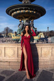 Girlfairy Sexy Burgundy A-line Prom Dress Long Sleeve Formal Party Evening Plus Size High Slit Pageant Gown robes de soirée