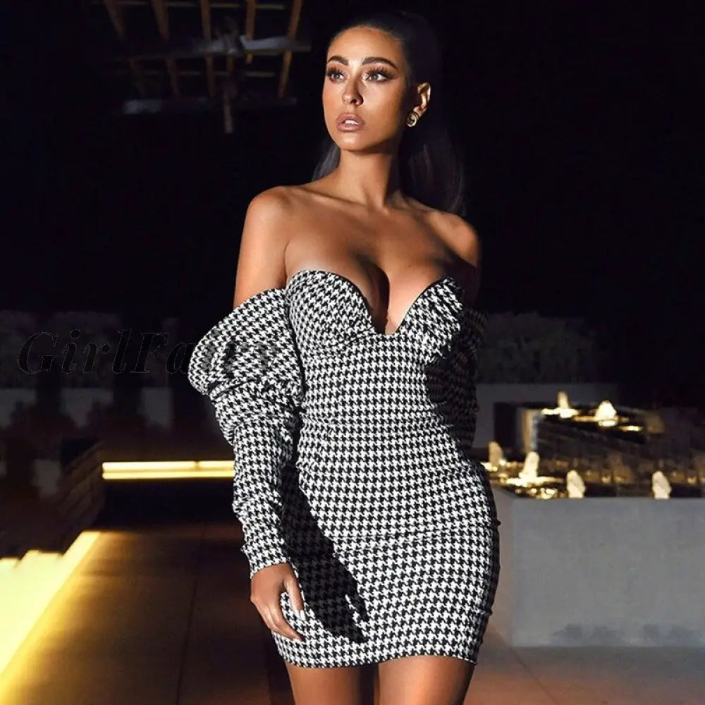 Girlfairy Sexy Chic Houndstooth Dress For Women Puff Long Sleeves Low Cut Off Shoulder Slim Elegant
