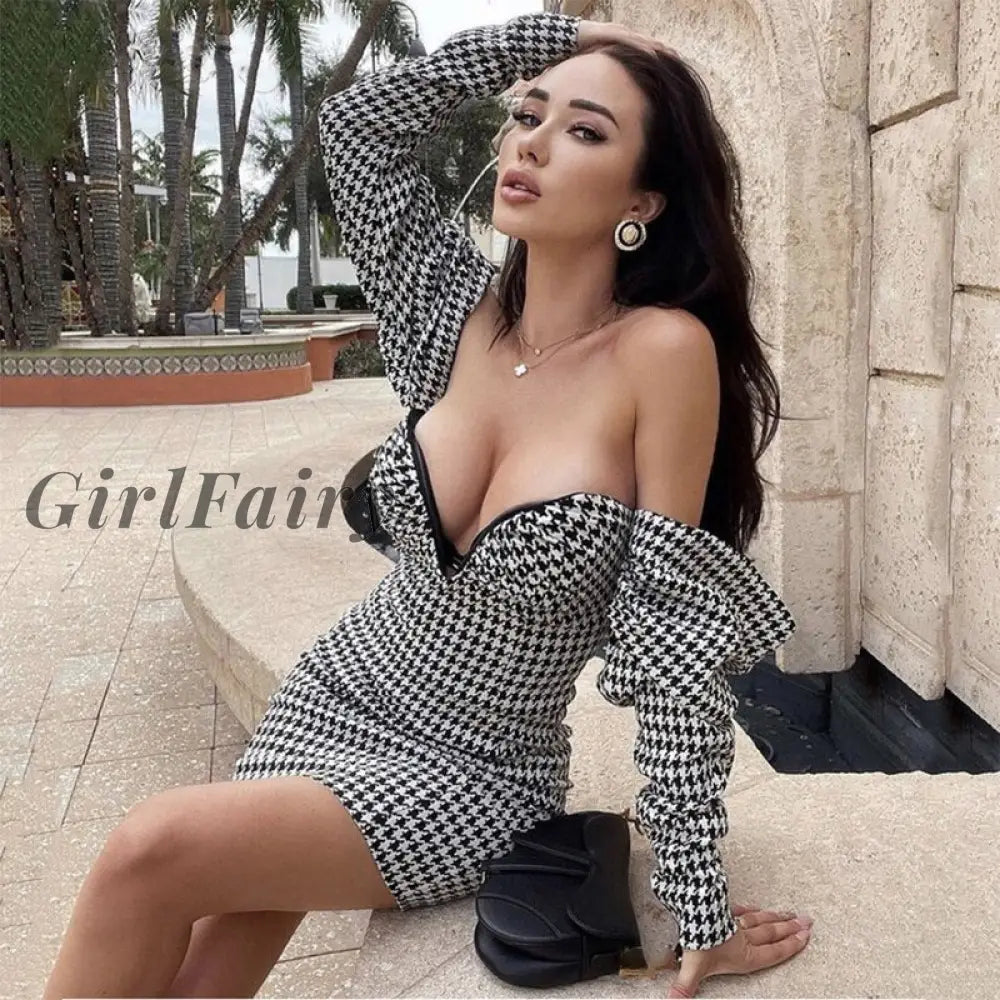 Girlfairy Sexy Chic Houndstooth Dress For Women Puff Long Sleeves Low Cut Off Shoulder Slim Elegant