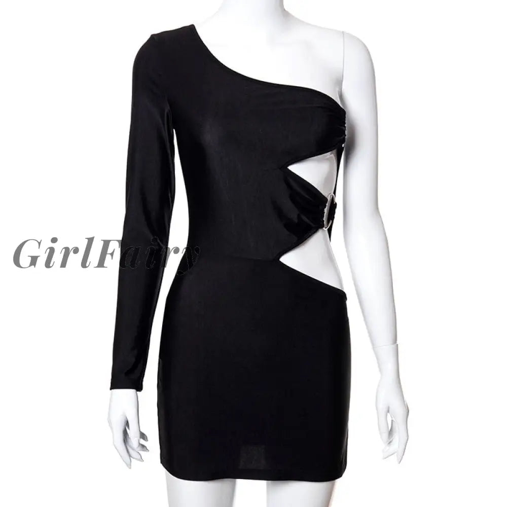 Girlfairy Sexy Club Black Dress Ruched Elegant Bodycon Women Backless Hollow Out One Shoulder Mini