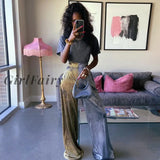 Girlfairy Sexy Color Blocking Wide Leg Pants Women Bicolor High Waist Gold Stamping Draping Effect