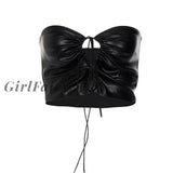 Girlfairy Sexy Criss Cross Tight Crop Top Black Pu Faux Leather Street Fashion Women Club Wear