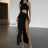 Girlfairy Sexy Cut Out Backless Halter Split Maxi Dress Elegant Fashion Outfits Sleeveless Women