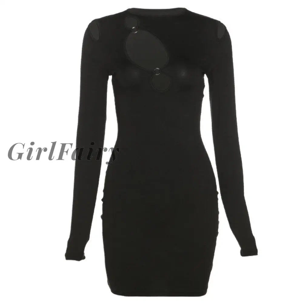 Girlfairy Sexy Cut Out Black Bodycon Dresses Woman Party Night Club Outfits Winter Fashion Long