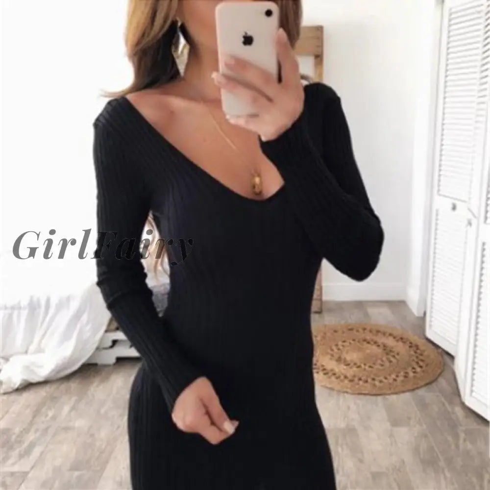 Girlfairy Sexy Dress Women Casual Knitted Party Dresses Chic Night Club V Neck Slim Female Ladies