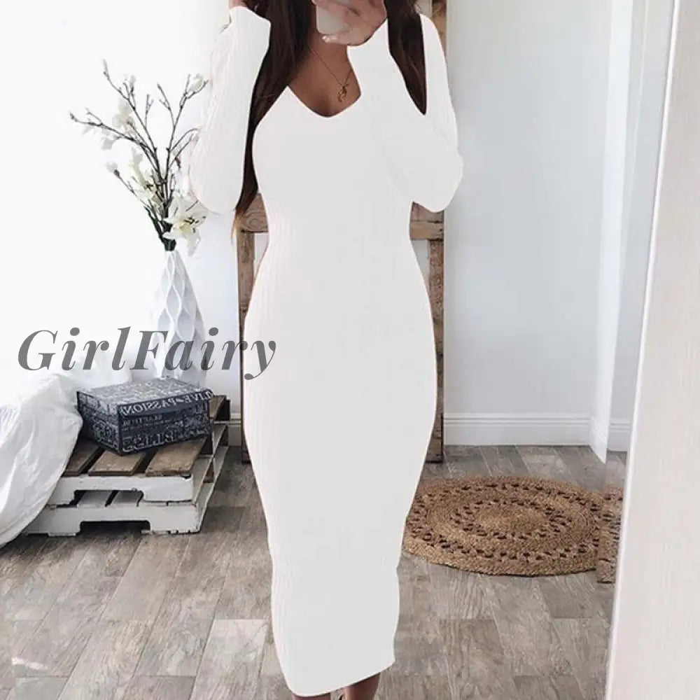 Girlfairy Sexy Dress Women Casual Knitted Party Dresses Chic Night Club V Neck Slim Female Ladies