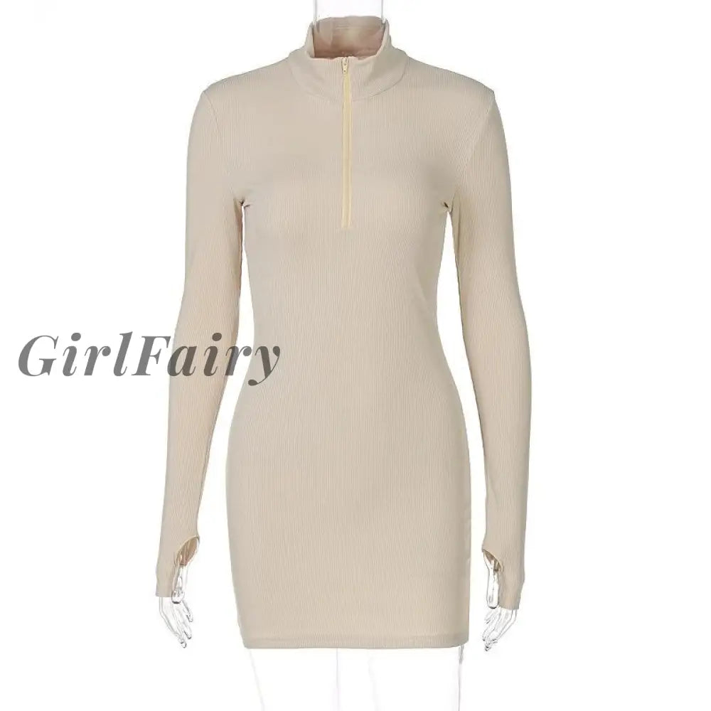Girlfairy Sexy Dress Women Holiday Long Sleeve Zipper Casual Skinny Vintage High Waist Bodycon Solid