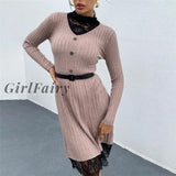 Girlfairy Sexy Dress Women Knitted Solid Lace Sweet Long Sleeve Patchwork Party Dresses High Waist