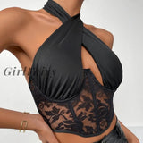 Girlfairy Sexy Female Tank Tops Lace Floral Halter Neck Strappy Vest Sleeveless Backless Hollow Crop