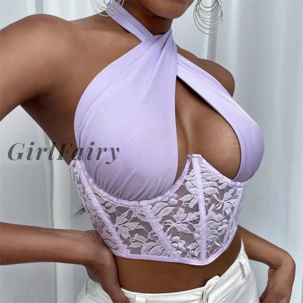 Girlfairy Sexy Female Tank Tops Lace Floral Halter Neck Strappy Vest Sleeveless Backless Hollow Crop