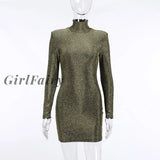 Girlfairy Sexy Green Bright Silk Turtleneck Mini Dress For Women Elegant Office Lady Long Sleeve