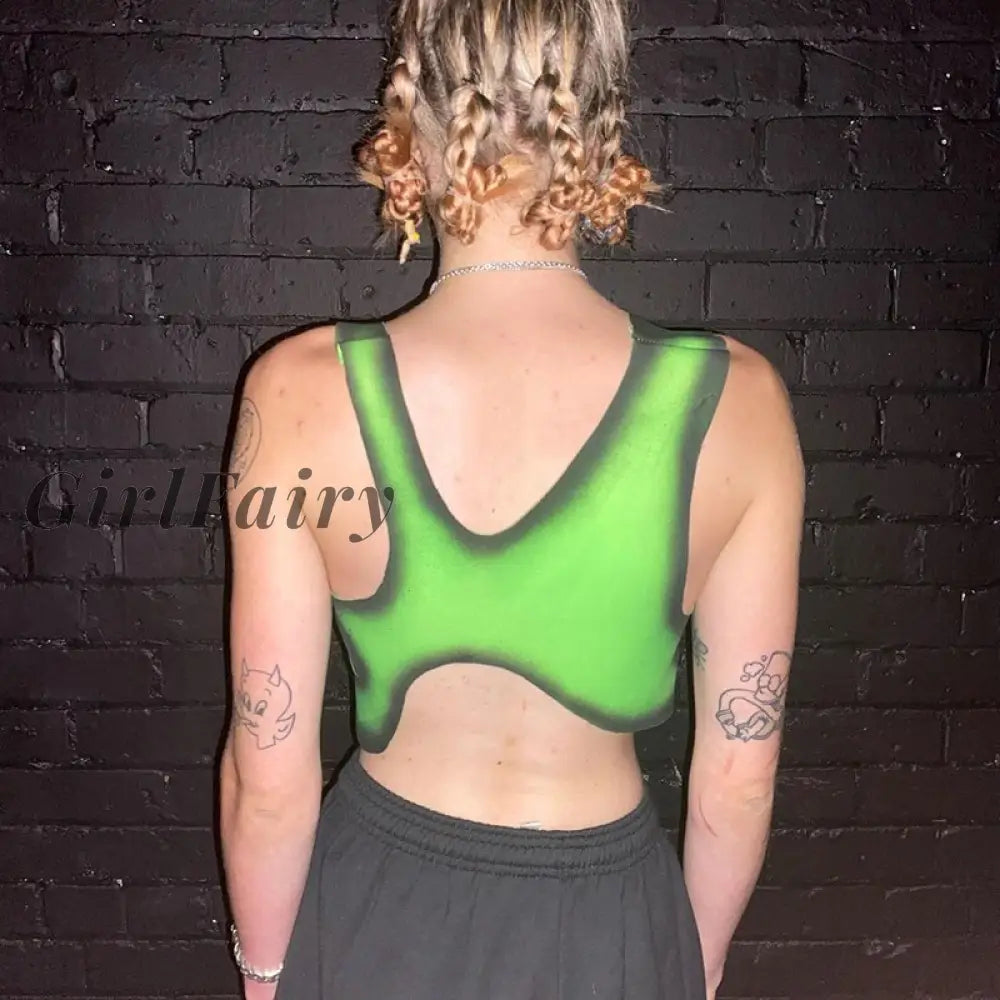 Girlfairy Sexy Green Crop Top Women Black Trim Abstract Print Asymmetrical Tank Tops Summer Punk