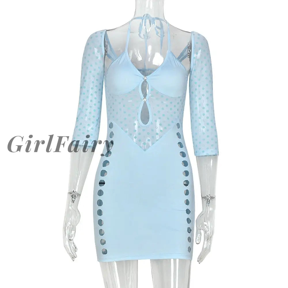 Girlfairy Sexy Halter Bandage Hollow Out Long Sleeve Mini Dress Women Low Cut Fashion Party Club