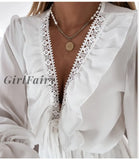 Girlfairy Sexy Lace Womens Party Dress Elegant Long Sleeve Ruffle Chiffon White Summer V Neck Ladies